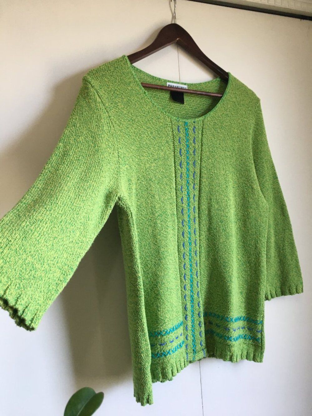 Vintage 90s Parkhurst Lime Green Knit Stitchwork Cotton Blend Sweater L - Picture 3 of 16